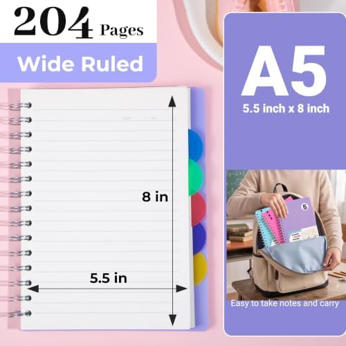 FLYING EAGLE 5 Subject Spiral Notebook with Dividers & Tabs,3 Pack,5x7