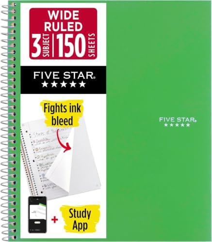 Five Star Spiral Notebook 3 Subject Wide Ruled | Forest Green | 150 Sheets | Water Resistant Cover | Pack of 6
