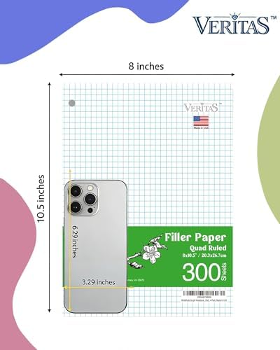 WritePads Graph Paper Loose Leaf Paper, 300 Sheets, 8 x 10.5 Inch 4x4 Quad Ruled Graphing Paper, 3 Hole Punched Filler Notebook Paper for 3 Ring Binders, 65 GSM, Made in USA