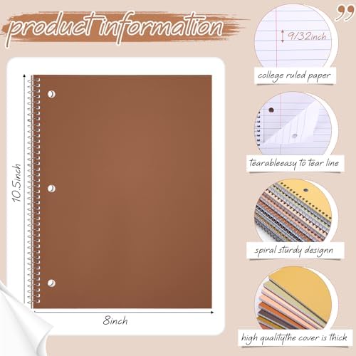 Teling 8 Pcs 1 Subject Spiral Notebook for Work College Ruled 8 x 10 1/2 Inch Spiral Journal Notebook 3 Hole Punched Paper Tear Line 70 Sheets Office School Study Supplies(Elegant Color,8 Pcs)