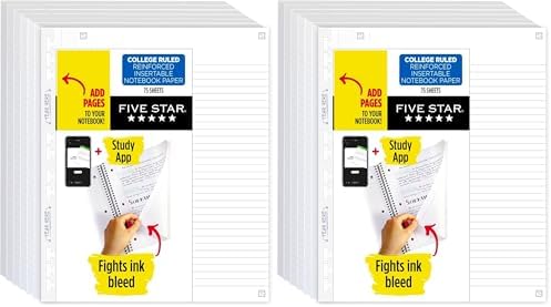 Five Star Insertable Loose Leaf Paper + Study App, Notebook Paper, College Ruled to Add Pages, Reinforced, 8.5 x 11, 75 Sheets per Pack (170015) (Pack of 12)