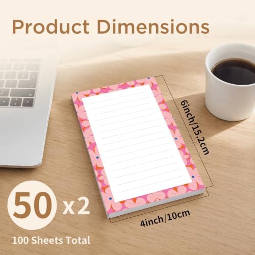 Lined Sticky Notes 4x6 in, 2 Pack Large Cute Notepads with Lines, Bright Post Memo Note Pads Big Rectangular Sticky Notes for Office Pink Cute Flowers
