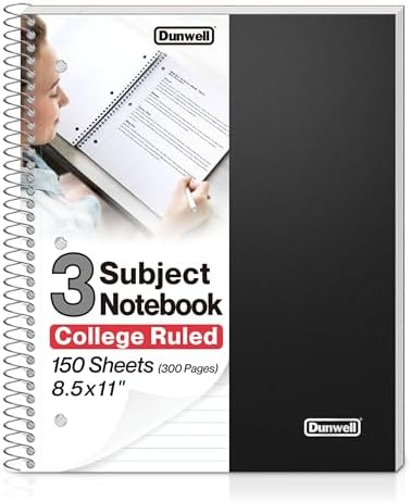 Dunwell 3-Subject Spiral Notebook, College Ruled, 150 Sheets, Black