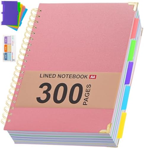 Hardcover Leather Spiral Notebook 8.5" x 11" with Removable Dividers, 300 Pages 5 Subject College Ruled Notebook for Work with Tabs, A4 Spiral Journal for Women Men, School Students Note Taking, Pink