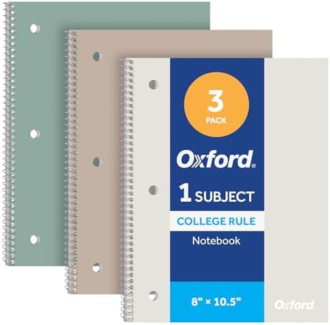 Oxford Spiral Notebooks, 3 Pack, College Ruled, 70 Sheets, Earthtone Covers