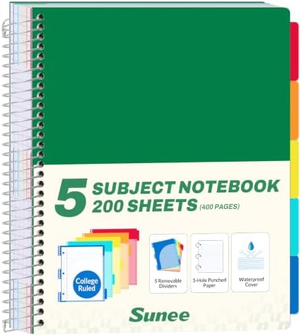 SUNEE 5 Subject Notebook College Ruled - 400 Pages, 9"x11", 5 Pocket Colored Dividers, 3-Hole Punched Paper, Dark Green