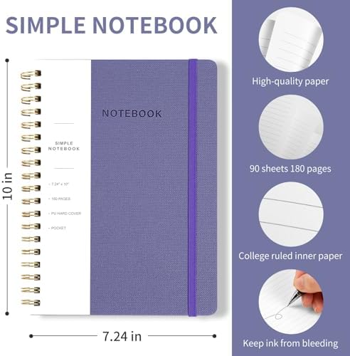 Spiral Notebook - 7.24" x 10" College Ruled Journal with Inner Pockets and 180 Pages, PU Leather Cover Business Journal, Twin-Wire Binding Notebook Perfect for Office & Home School Supplies Violet