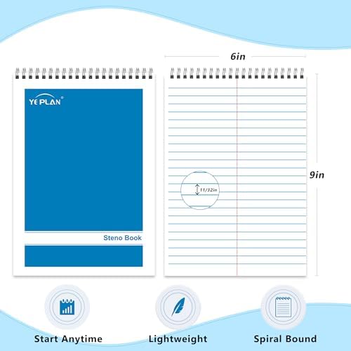 Yeplan Steno Pads Spiral Notebook 6x9 24 Pack, Top Spiral Notebook with Gregg Ruled White Paper, Notebooks & Writing Pads for School, College, Work, Office, Home, 60 Sheets, 6 Assorted Colors