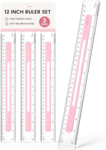 Sooez 3 Pack Ruler 12 Inch, Anti-Slip Clear Rulers for Kids School, Pink