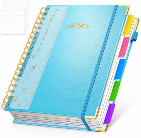 Hardcover Spiral Notebook Journal, 8"x10" Large B5 Notebooks with Removable Dividers Tab, 300 Pages Leather 5 Subject Notebook College Ruled, Lined Journal for Women Work School Note Taking, Lake Blue