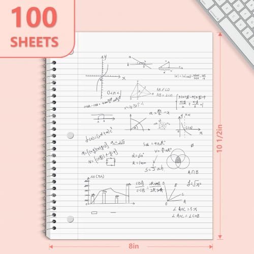Pastel Pink Spiral Notebook, 1 Subject College Ruled, 10.5 x 8 in, 100 Sheets, 3-Hole Punched Perforated Pages, Flexible Plastic Cover, Double Pocket Folder for School Notes