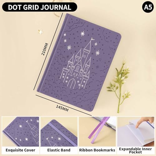 Dot Grid Journal with 160GSM Thick Paper, 192 Pages, A5 Dotted Notebook for Work, School, Travel | 180° Lay Flat, Foil Stamped Cover, Elastic Band, 2 Bookmarks & Inner Pocket (Purple Castle)