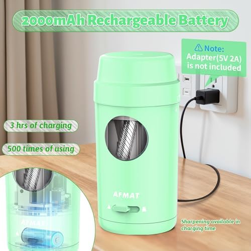 AFMAT Electric Pencil Sharpener, Auto in & Out, Fully Automatic Pencil Sharpener for Colored Pencils, Rechargeable Hands-Free Sharpeners for φ7-8mm Pencils, Good for Classroom/Home PSX8(Light Green)