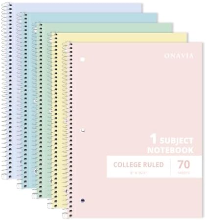 ONAVIA 1 Subject Spiral Notebook College Ruled 5 Pack, 140 Pages, Assorted
