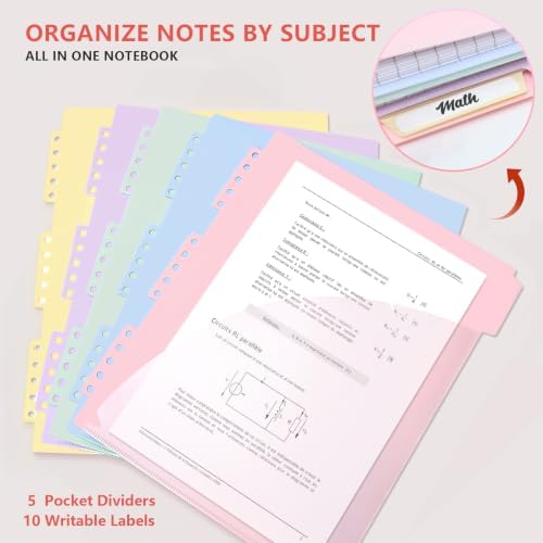 5 Subject Spiral Notebook, College Ruled, 150 Sheets, Pink Plastic Cover, 5 Movable Pastel Tab Dividers with Pockets, 3-Hole Punched, 75gsm Paper, Writable Stickers, Fits 8.5 x 11 in Paper