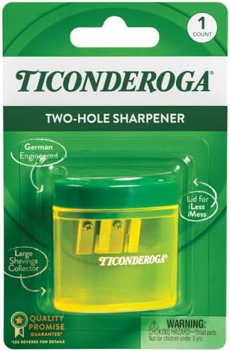 Ticonderoga Two-Hole Manual Pencil Sharpener for Standard and Beginner Pencils, Yellow/Green, 2" x 2" x 1.25", German-Engineered, 1 Count