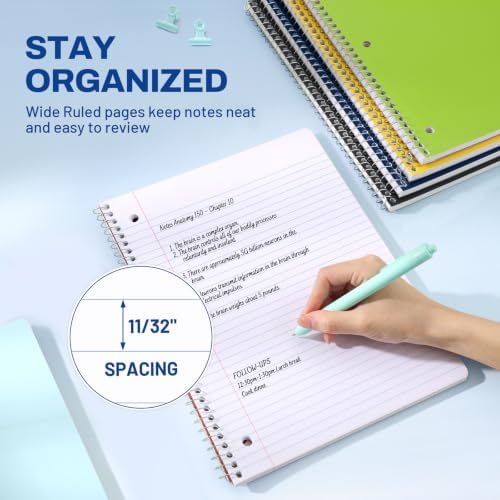 SUNEE Spiral Notebooks, 1-Subject, 5 Pack, Wide Ruled Paper, 8" x 10-1/2", 70 Sheets per Notebook, 3-Hole Punched Paper, Spiral Lined Notebooks for School, Work, Classic Colors