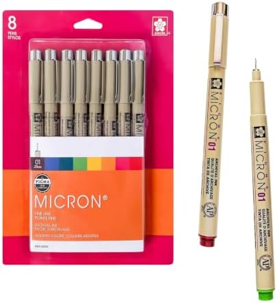 Sakura Pigma Micron Fineliner Pens, 01 Tip, Assorted Colors, 8 Count
