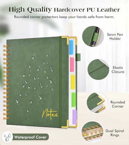 5 Subject Blank Notebook with Removable Dividers Tabs, 300 Pages Hardcover Leather Sketch Book Spiral Journal, 8"x10" B5 Large Sketchbook Notebooks for Women Men Work School Sketching Drawing, Green