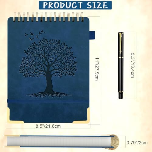 A4 Top Spiral Notebook, Tree Pattern Large Leather Hardcover Left Handed Journal, 240 Pages 100 Gsm Lined Paper Top Bound Steno Pads for Work, School, Travel Writing - Navy Blue, 8.5" x 11"