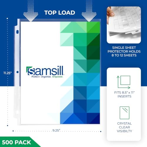 Samsill 500 Pack Heavy Duty Sheet Protectors, Crystal Clear, 8.5x11 Inch Page Protectors for 3 Ring Binder, Letter Size Protectors, Reinforced Holes, Clear Document Sleeve, Top Loading, Acid Free