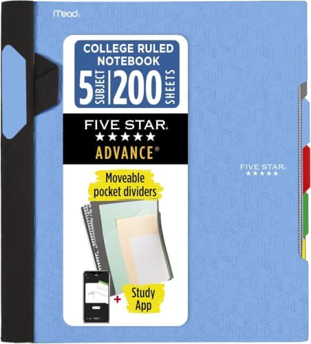 Five Star Advance Spiral Notebook + Study App, 5 Subject, College Ruled Paper, 8-1/2" x 11", 200 Sheets, Spiral Guard, Movable Tabbed Dividers, Pacific Blue (73150) (Pack of 6)