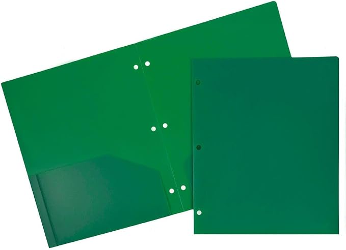 JAM PAPER Heavy Duty Plastic 3 Hole Punch Pocket Folders - Extra Tough School Folders - Green - Bulk 144/Box