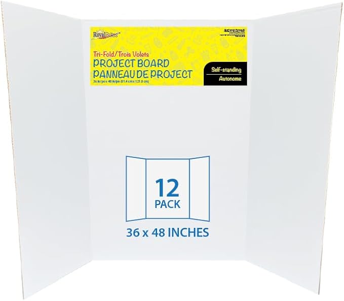 Royal Brites 1-Ply Corrugated Tri-fold Project Display Board 36" x 48", Exhibition, Presentation, & Science Fair Display Boards, Lightweight Trifold Board with Smooth Surface, White/Kraft, Pack of 12