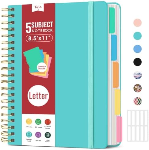 Taja Spiral Notebooks for Work 5 Subject Notebook with Removable Dividers