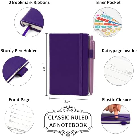 feela 3 Pack Pocket Notebook Journals, Mini Cute Small Journal Notebook Bulk Hardcover College Ruled Notepad with Pen Holder for Office School Supplies, with 3 Black Pens, 3.5”x 5.5”, A6, Purple