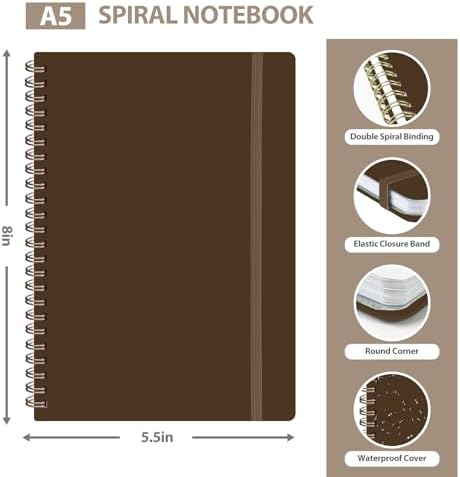A5 Lined Spiral Journal Notebook, 146 Pages Hardcover Notebook with 100 GSM Thick Paper, Inner Pocket & Elastic Closure, 5.7" x 7.9", Notebooks for Work, School, College, Office, Journaling & Note Taking