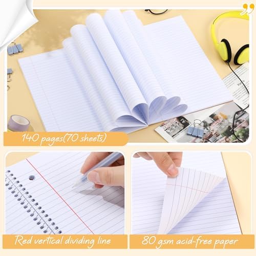 Teling 12 Pcs 1 Subject Spiral Notebook for Work College Ruled 8 x 10 1/2 Inch Spiral Journal Notebook 3 Hole Punched Paper Tear Line 70 Sheets Office School Study Supplies (Macron Color)