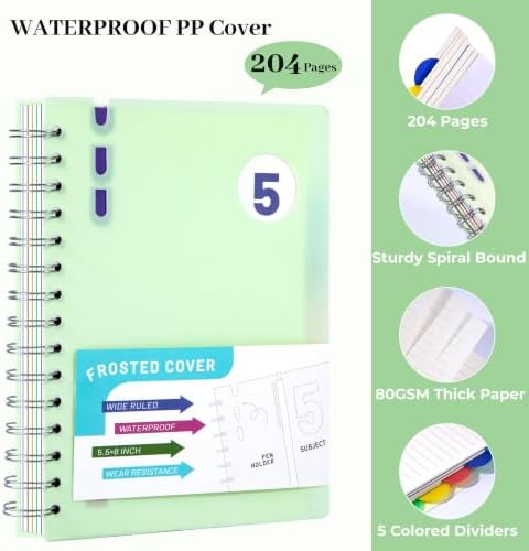 Spiral Notebook with Dividers & Tabs ,5 Subject Notebook,5x7,Green