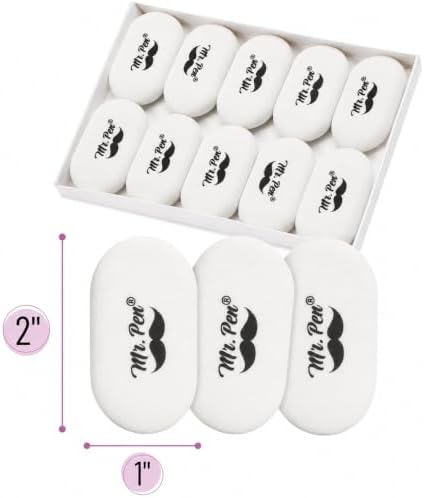 Mr. Pen- White Oval Pencil Erasers, 10 Pack, 1" x 2", Soft Rubber White Pencil Erasers for School, Office, Art Sketching, Homework, Exams, Clean Smudge-Free Correction