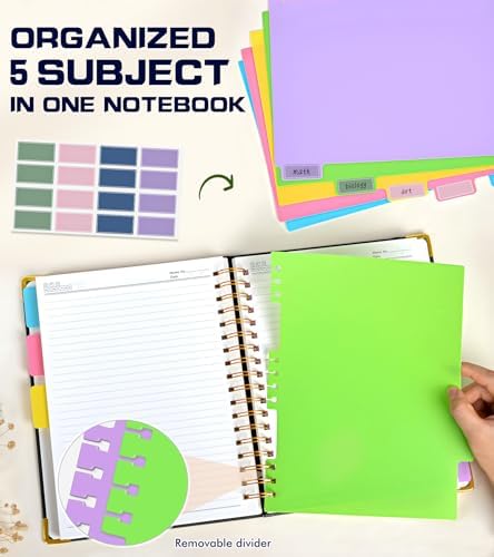 Hardcover Spiral Notebook 8.5"x11" Journal with Removable Dividers Tabs, 300 Pages Organizer Notebooks for Work School, Leather 5 Subject Notebook College Ruled, Large Lined Journal for Women，Black