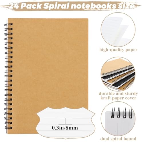 MIVIDE 24 Pack A5 Bulk Spiral Notebooks with Kraft Cover, 8.3 x 5.8 Inch 120 Pages Hardcover Spiral Lined Notebook Journal, Lined Travel Bulk Writing Notebook for School Office Supplies(Black, Kraft)