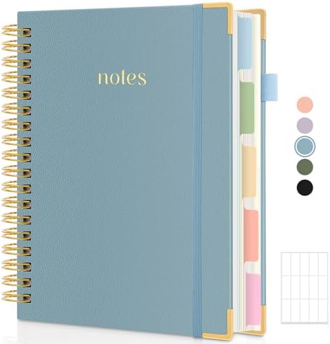 SKYDUE 5 Subject Notebook with Dividers and Tabs, 8" x 10" College Ruled Notebook for Work, 300 Pages Spiral Journal for Women, Blue
