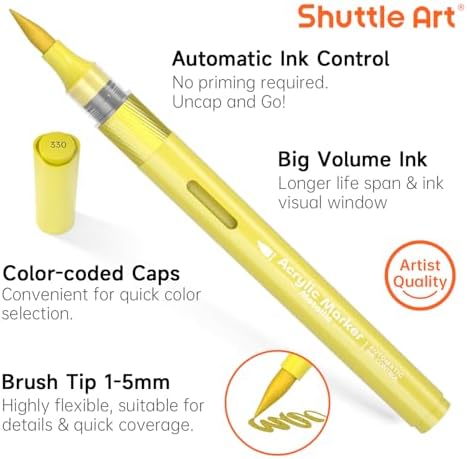 Shuttle Art Automatic Ink Control Acrylic Paint Markers, 24 Metallic Colors Brush Tip Acrylic Paint Pens for Rock Painting, Ceramic, Wood, Canvas, Glass, Stone, Fabric, Card, DIY Football Crafts