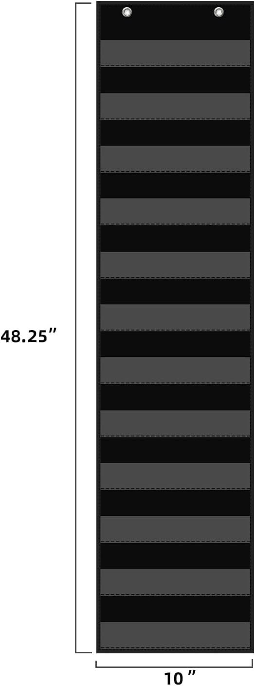 ANCOMEDO 10”W x 48.25”H Classroom Words Pocket Chart with 12 Clear Pockets, Black Standard Pocket Chart for Classroom and Home for Sentence Strips, Reusable Words Hanging Pocket Chart (Black)