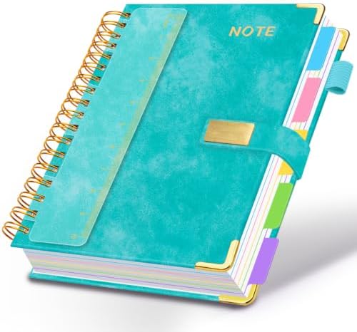 Hardcover Spiral Notebook 8.5''x 11'' College Ruled Notebook with Magnetic Closure, 300 Pages 5 Subject Notebooks with Pocket Dividers for Work School, A4 Leather Journal for Women, Men (Cyan)