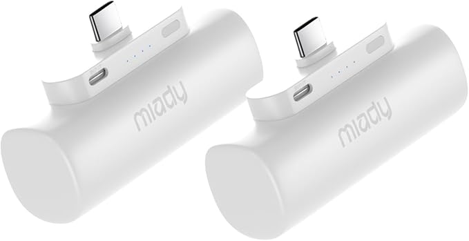 Miady 2-Pack 5000mAh Mini Portable Charger with Built-in Type C Connector, USB-C Output Charging Small Power Bank, Ultra-Compact Battery Pack Compatible with iPhone 17/16 Galaxy S24/S22 iPad (2 White)