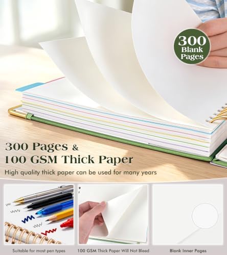 5 Subject Blank Notebook with Removable Dividers Tabs, 300 Pages Hardcover Leather Sketch Book Spiral Journal, 8"x10" B5 Large Sketchbook Notebooks for Women Men Work School Sketching Drawing, Green