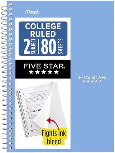 Five Star Spiral Notebook, 2 Subject, College Ruled Paper, 6" x 9.5", 80 Sheets, Blue (840029CG1)