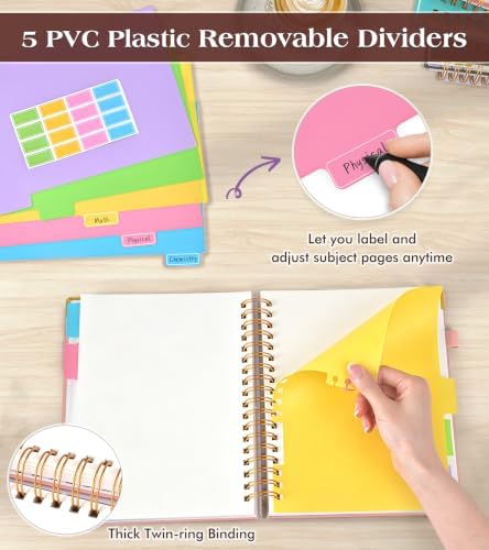 5 Subject Blank Notebook with Removable Dividers Tabs, 300 Pages Hardcover Leather Sketch Book Spiral Journal, 8"x10" B5 Large Sketchbook Notebooks for Women Men Work School Sketching Drawing, Pink