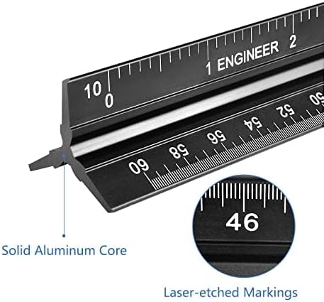 Engineer Scale Ruler, Imperial Measurements 12'', Laser-Etched Aluminum Architect Triangular Ruler Black for Architects, Students, Draftsman, and Engineers