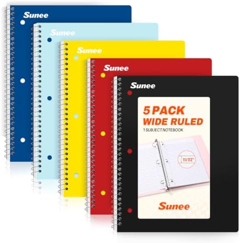 SUNEE Spiral Notebooks, 1-Subject, 5 Pack, Wide Ruled Paper, 8" x 10-1/2", 70 Sheets per Notebook, 3-Hole Punched Paper, Spiral Lined Notebooks for School, Work, Classic Colors