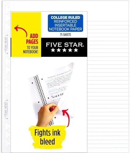 Five Star Loose Leaf Paper, College Ruled Insertable Notebook & Binder Filler Paper, 8-1/2" x 11", Reinforced T-Tabs, 75 Sheets (1037114)