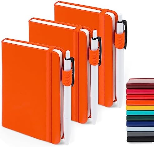 feela 3 Pack Pocket Notebook Journals with 3 Black Pens, A6 Mini Cute Small Journal Notebook Bulk Hardcover College Ruled Notepad with Pen Holder for Office School Supplies, 3.5”x 5.5”, Orange