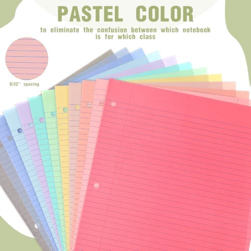 PerKoop 600 Sheets Colored Loose Leaf Paper 8.5" x 11" college ruled Lined 3 Hole Punched notebook Filler Paper for 3 Ring Binders Office School Supplies (Pastel Colors)