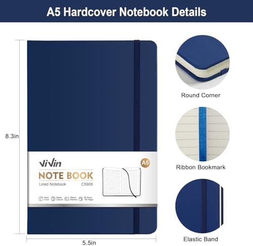 ViVin 6 Pack A5 Hardcover Lined Notebook,192 pg College Ruled 5.5x8.3
